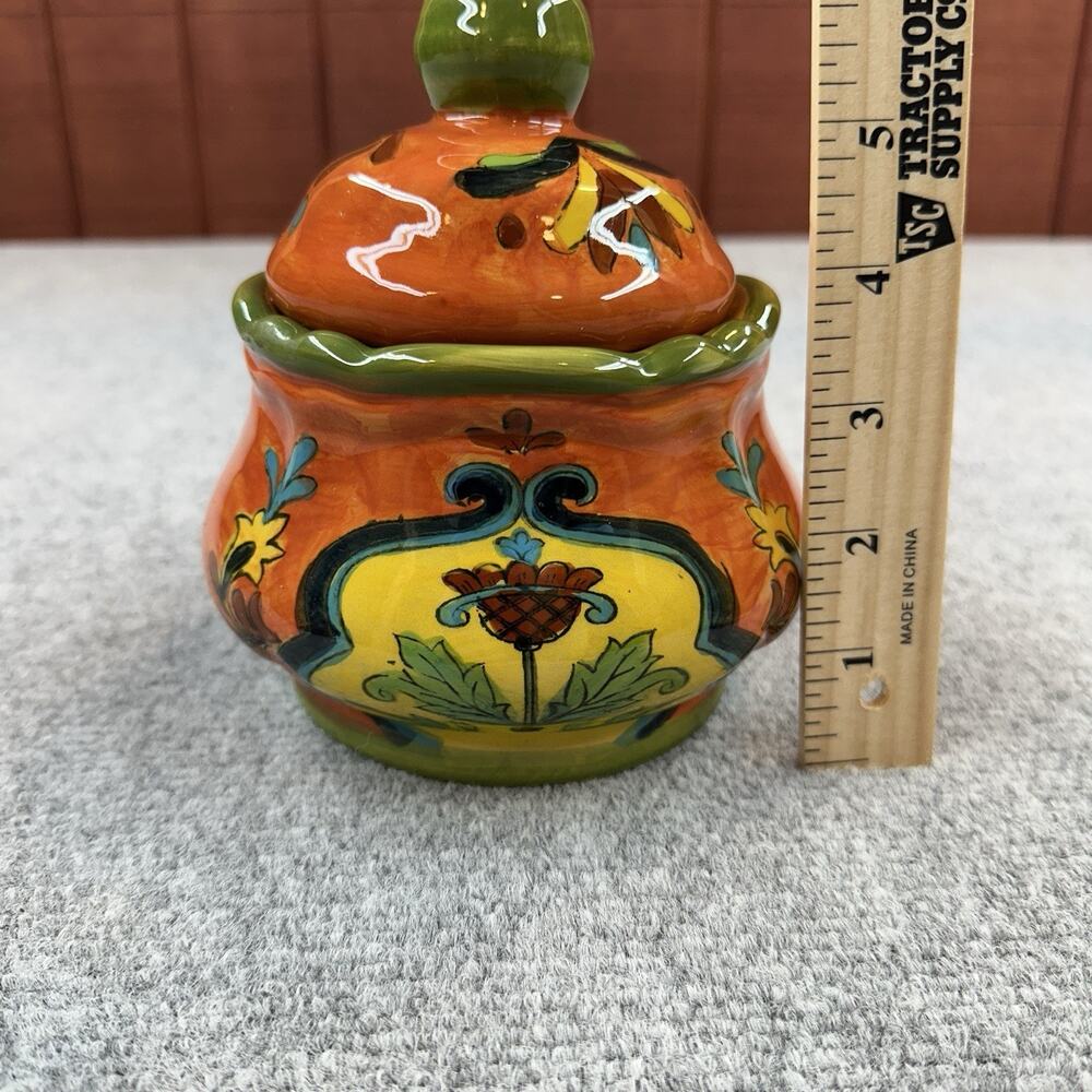 Talavera Ceramic Lidded Canister Hand Painted Orange Green Floral Pottery Jar - Picture 3 of 10